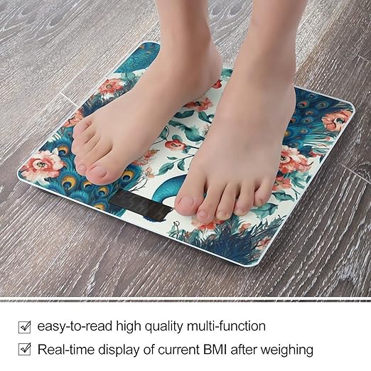 Beautiful Peacock Flowers Digital Bathroom Scale for Body Weight with High Precision Digital Weighing Scale with BMI Clear LCD Display and Step-On Measures Weight Up to 180kg