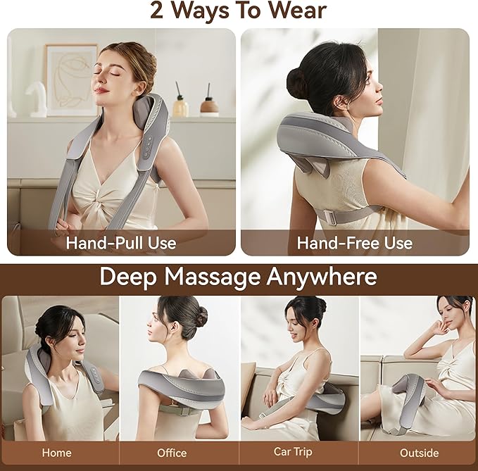 Shiatsu Neck and Shoulder Massager with Heat for Pain Relief Deep Tissue Portable Massagers for Neck and Back Gifts for Men and Woman (Grey with Leather Handbag)