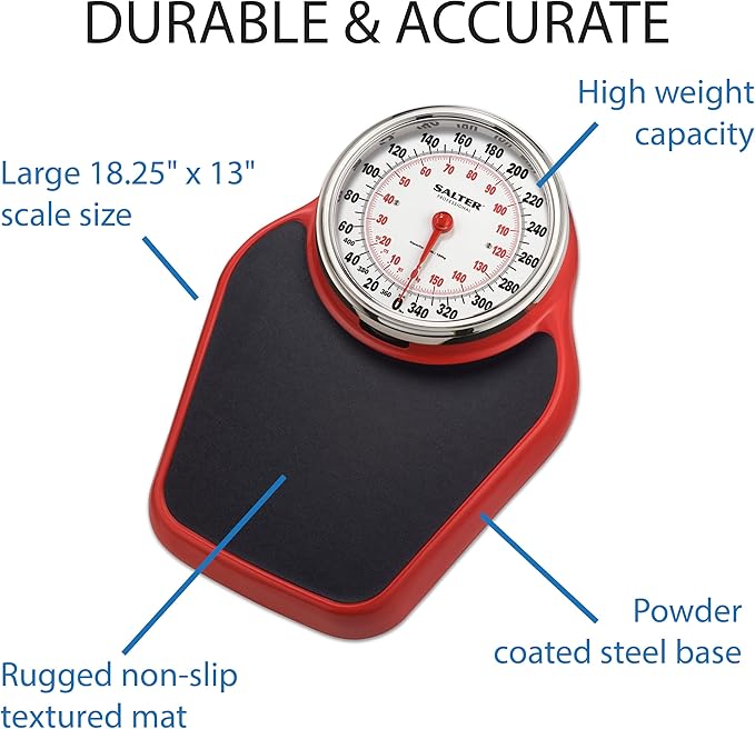 Salter Pro-Helix Professional Oversized Bathroom Scale with Black/Red Powder-Coated Steel Coated Base Anti-Slip Bath Mat 400 LB Capacity Analog Scale 18.25 x 13.0 Inch Black/Red