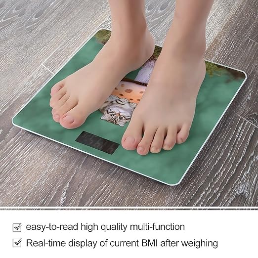 Cat on Mushroom Digital Bathroom Scale for Body Weight with High Precision Digital Weighing Scale with BMI Clear LCD Display and Step-On Measures Weight Up to 180kg