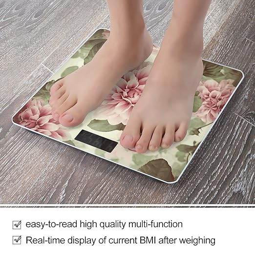 Beautiful Vintage Pink Flower Bathroom Scale Automatic Power On/Off Body Scales LCD Backlight Display Square Digital Scale Rounded Corners Bathroom Scales for Home Bedrooms
