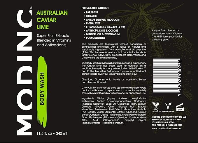 Modinc Luxury Body Wash Australian Caviar Lime Formula Super Fruit Extracts Blended Rich in Vitamins and Antioxidants Vegan Cruelty Free Pump 11.5 Ounces