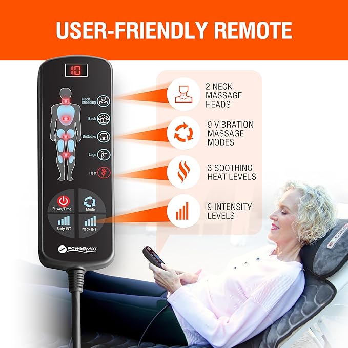 Powermat Full Body Massage Mat with Heat - Shiatsu Back Massager Pad for Bed Chair &amp Recliner - Electric Vibrating Heating Pad - Whole Body Massager Mat for Pain Relief - Massage Mattress by Powe