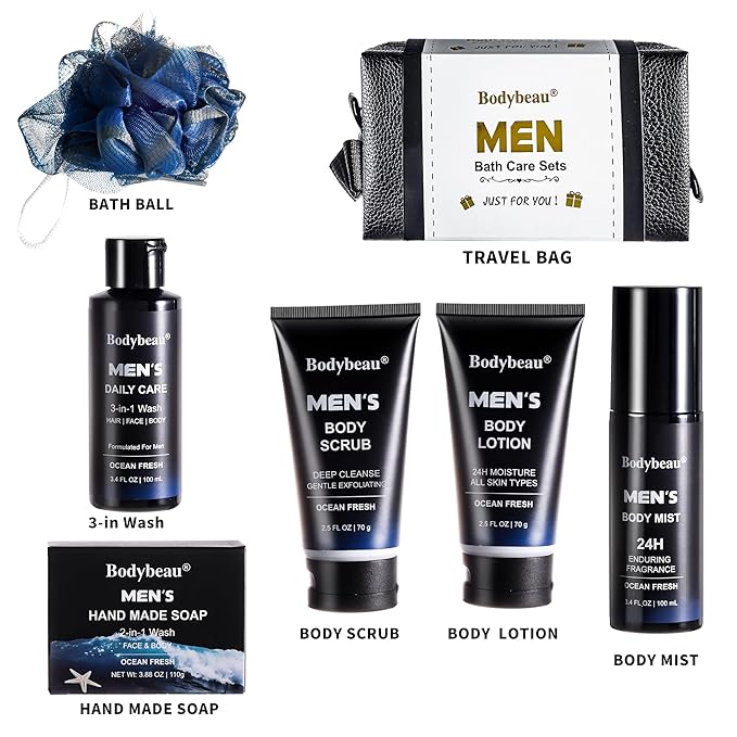 Men's Bath and Body Spa Gift Set - 7-Piece Kit with 3-in-1 Shower Gel 2-in-1 Handmade Soap and Travel Bag - Father's Day/Birthday Christmas Gifts for Dad Husband Boyfriend and Friends