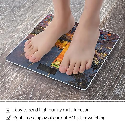 London Big Ben Rainy Evening Scale for Body Weight Sturdy Tempered Glass Weighing Scales with LCD Display Accurate Digital Bathroom Scale Convenient Body Fat Smart Scales Easy Read