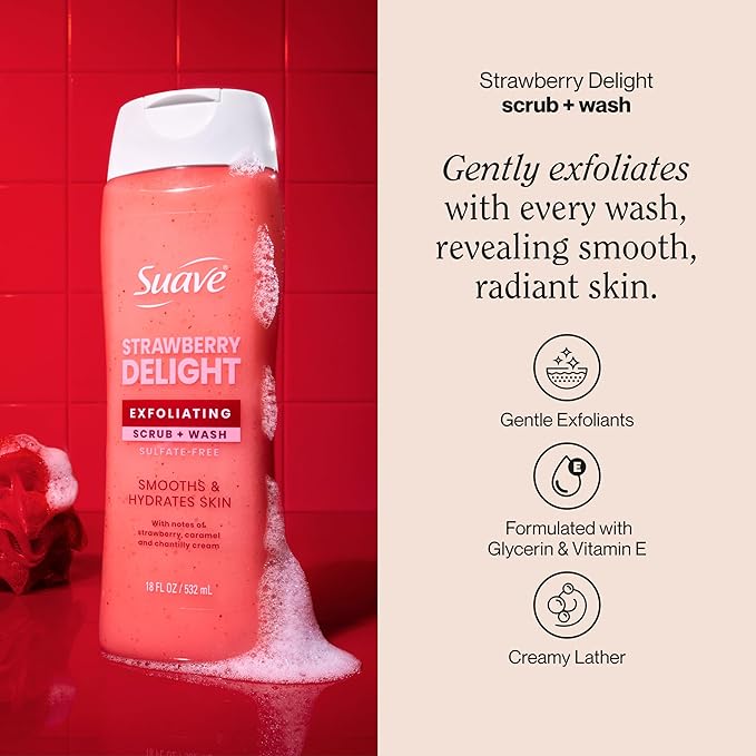 Suave Strawberry Delight Exfoliating Body Wash &amp Scrub with Glycerin &amp Vitamin E Sulfate-Free Hydrating Cleanser for Soft Smooth Skin 18 FL OZ Pack of 6