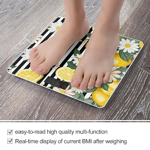 Lemon and Daisy Stripes Smart Scale for Body Weight Accurate Bathroom Scale with LED Display Digital Weight Scales Weighing Machine High Precision Scales for Bath Home