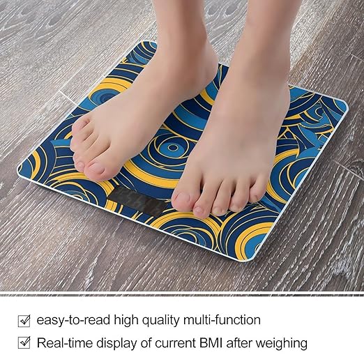 Blue and Yellow Pattern Scale for Body Weight Anti-Slip Tempered Glass Digital Bathroom Scales Clear LCD Display Weighing Scale Safe Rounded Corners Smart Scales