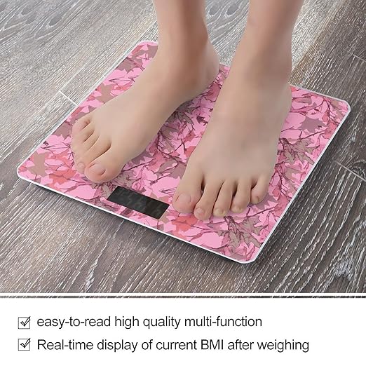 Pink Leaves Camo Bathroom Scale Automatic Power On/Off Body Scales LCD Backlight Display Square Digital Scale Rounded Corners Bathroom Scales for Home Bedrooms