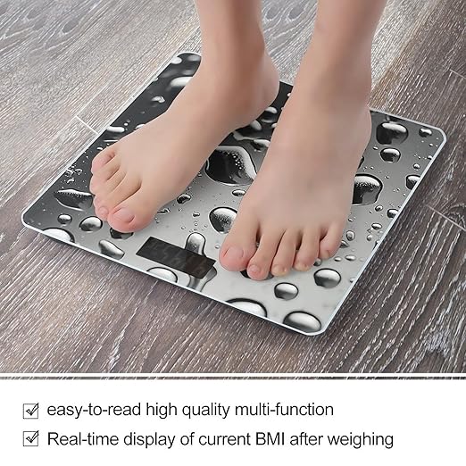 Water Droplets on Glass Scale for Body Weight Anti-Slip Tempered Glass Digital Bathroom Scales Clear LCD Display Weighing Scale Safe Rounded Corners Smart Scales