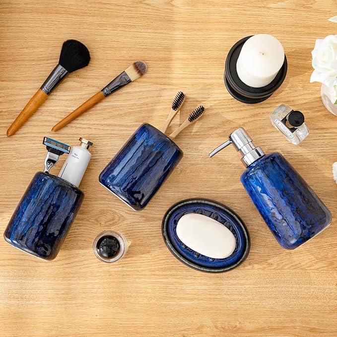 vancasso Blue Bathroom Accessories Set Ceramic Soap Dispenser and Toothbrush Holder Sets Stoneware 4 Pcs Bathroom Sink Set for Modern Home Decor Series Starry