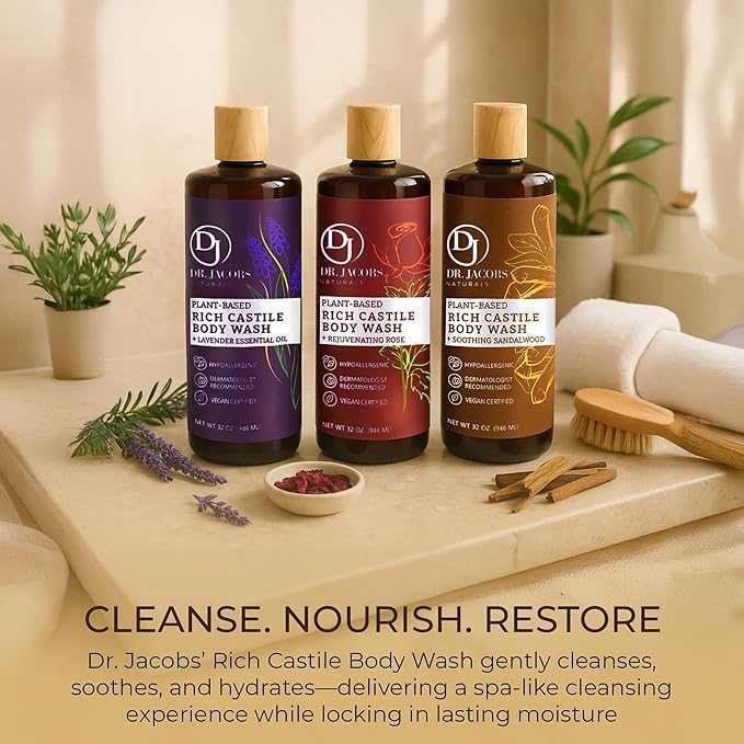 Dr. Jacobs Naturals Pure Castile Soap Liquid Body Wash Sandalwood - Plant Based Soap Infused with Vitamin E and Aloe Vera to Moisturize Dry and Sensitive Skin - Made in the USA - 32 oz Pack of 2
