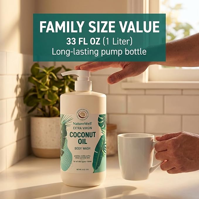 NATURE WELL Extra Virgin Coconut Oil Ultra-Moisturizing Body Wash Gentle &amp Creamy Formula Packed with Antioxidants Vitamins A C &amp E &amp Squalane Provides Gentle Cleansing &amp Intense