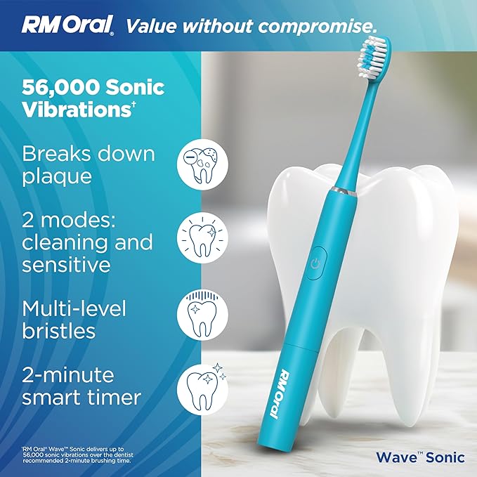 RM Oral Wave Sonic Battery-Operated Toothbrush with Soft Bristles &amp Travel Case 56000 Sonic Vibrations for Clean &amp Sensitive Whitening &amp Plaque Removal 2-Minute Timer Aquamarine
