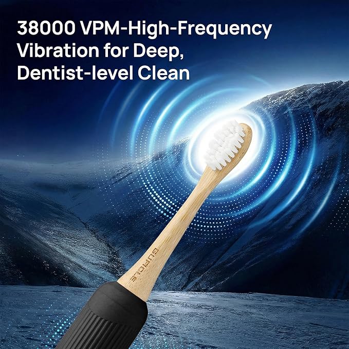 Bamboo Electric Toothbrush for Adults Electric Toothbrush with 4 Bamboo Heads Soft Castor Oil Bristles 5 Modes Smart Timer Sonic Technology IPX7 Waterproof 70-Day Battery Life-Black