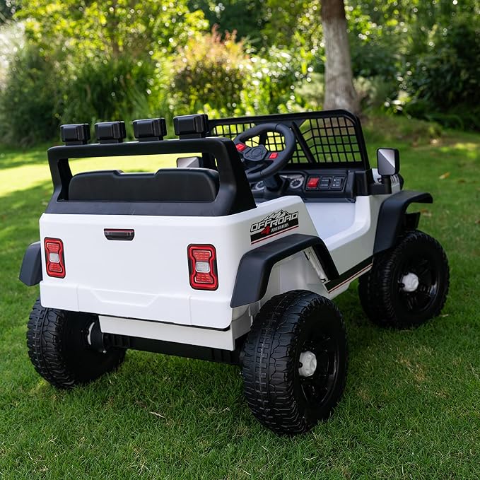 12V 7AH 4WD Kids Ride-On Truck Electric Off-Road Car with Remote &amp Pedal Control LED Lights Music USB Safety Belt 4-Wheel Suspension Adjustable Speeds Outdoor Gift for Boys Girls White