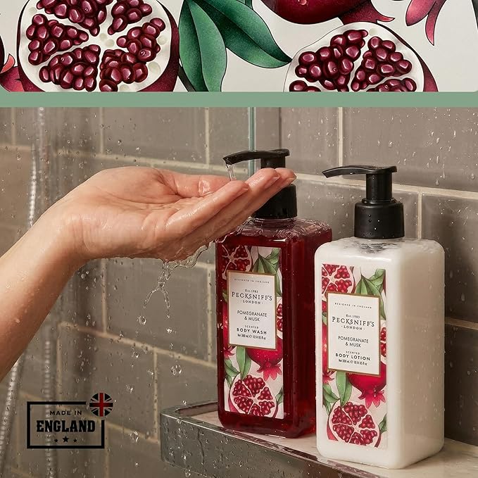 Pecksniff's Body Care Duo Tin Box – Enchanted Pomegranate &amp Musk 300ml Body Wash and 300ml Body Lotion Gift Set Luxury Skincare Collection with Reusable Tin Hydrating &amp Nourishing Daily Care