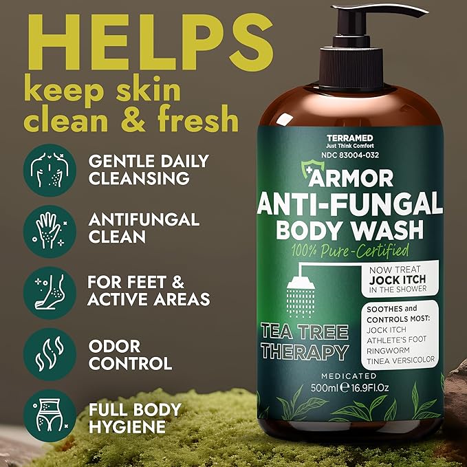 Antifungal Body Care Bundle – Tea Tree Oil Body Wash (16.9 oz) with Silicone Scrubber + Manuka Honey &amp Tea Tree Oil Cream (120ml) – Soothes Itchy Irritated Skin for Men &amp Women