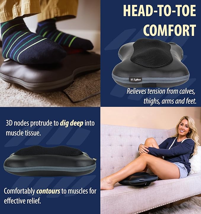 Zyllion Shiatsu Back and Neck Massager with Heat - Cordless Rechargeable 3D Electric Kneading Deep Tissue Massage Pillow for Muscle Pain Relief Black ZMA-13RB