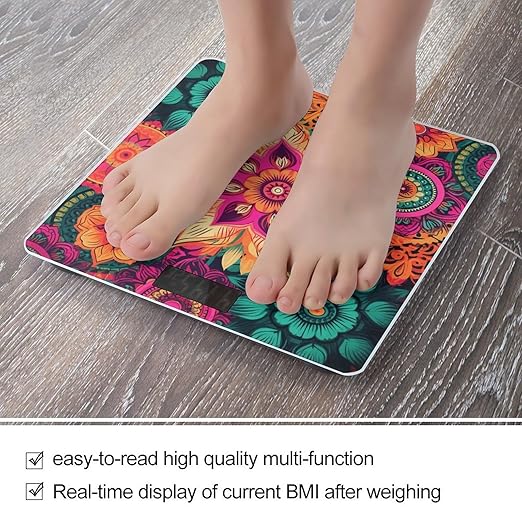 Boho Mandala Colorful Flowers Scale with LCD Precision Weighing Scales Sturdy Tempered Glass Weight Scales Easy-to-Read Anti-Slip Weight Digital Bathroom Scale for Daily