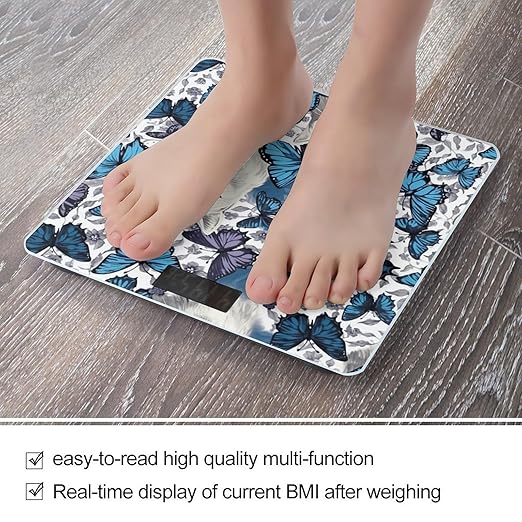 Blue Butterfly and White Cat Scale for Body Weight Accurate Digital Bathroom Scale Toughened Glass High Precision Scales Smart Weight Scales with Large LCD Backlight Display Weighing Machine