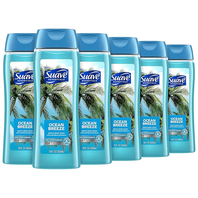 Suave Body Wash Bundle - Cocoa Butter &amp Shea and Ocean Breeze Scents 18 Oz Packs of 6