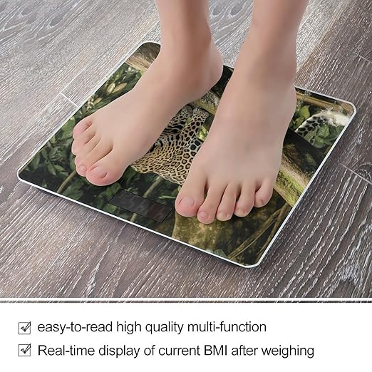 Jaguar Cat on Tree Trunk Waterfall Scale for Body Weight Anti-Slip Tempered Glass Digital Bathroom Scales Clear LCD Display Weighing Scale Safe Rounded Corners Smart Scales
