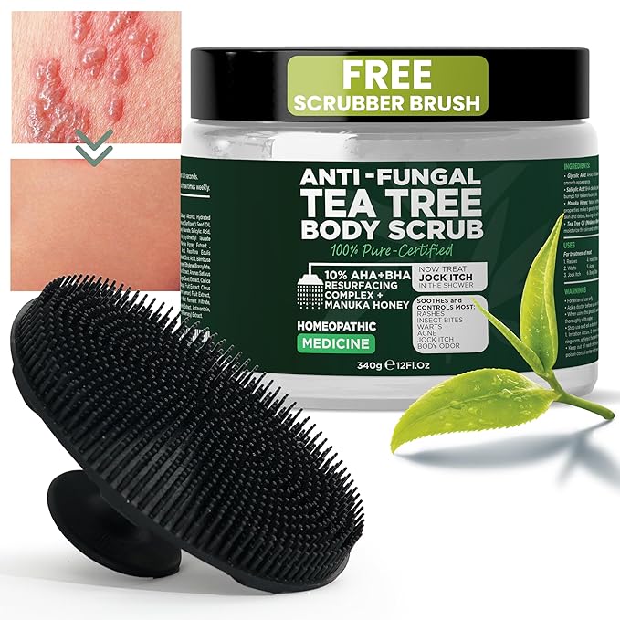 Terramed Just Think Comfort Antifungal Body Scrub with Tea Tree Oil – Exfoliating Body Wash for Women &amp Men – Soothes Itchy Skin Rashes Acne Warts &amp Insects Bites – 12 Fl oz with Scrubber B