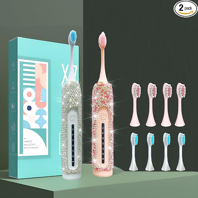 Electric Toothbrush for Woman Bling Diamond Decor Portable Travel Essentials for Couple Gifts Toothbrush with 3 Replacement Heads 6 Modes（Silver &amp Pink