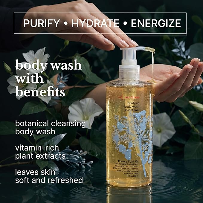 Red Flower Moonflower Purifying Body Wash – Cleanse &amp Hydrate Botanical Shower Gel with Organic Fruit &amp Leaf Extracts for Hydrated Radiant Skin (10 oz)