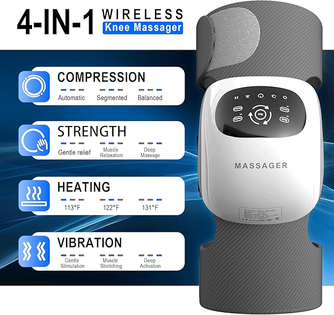 Wireless Knee Massager with Compression Heating and Vibration - Heated Knee Massager Relaxes Muscles and Relieves Knee Pain - Adjustable Intensity and Temperature Great Gift for Men and Women