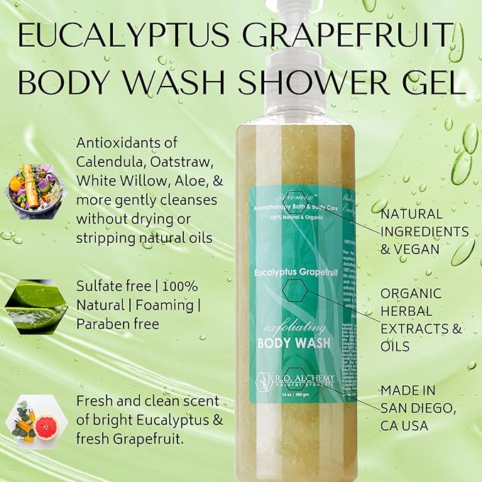 RD Alchemy - 98% Natural &amp Organic Eucalyptus Grapefruit Body Wash Shower Gel - Fresh and Clean Scent to Refresh and Energize while Cleansing Exfoliating and Renewing
