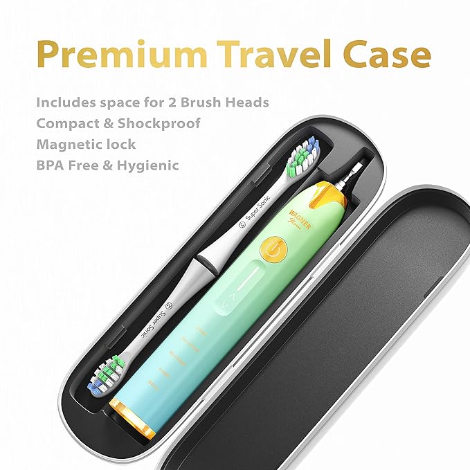 Wagner Stern Ultrasonic whitening Toothbrush with Pressure Sensor. 5 Brushing Modes and 4 Levels of Intensity 8 Soft bristles Travel case.