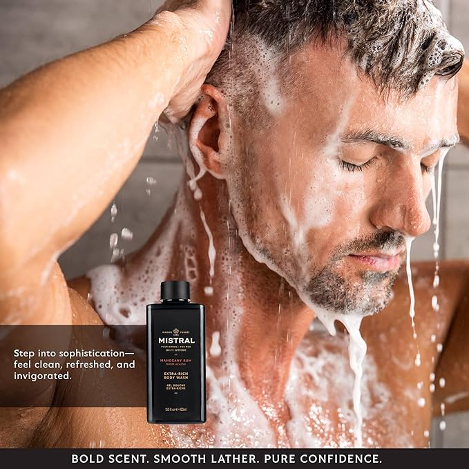Mistral Men's Body Wash &amp Shampoo Mahogany Rum 13.5 oz | 2-in-1 Natural Shower Gel for Men | SLS Paraben &amp Phthalate Free | Natural Men’s Body Wash Moisturizing Bath Gel - Made in France