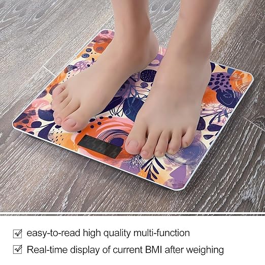 Hand Drawn Floral Pattern Scale for Body Weight Anti-Slip Tempered Glass Digital Bathroom Scales Clear LCD Display Weighing Scale Safe Rounded Corners Smart Scales