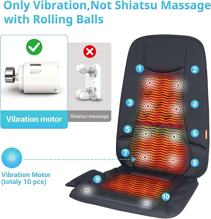 10 Vibration Motors Massage Seat Cushion with HeatBack Massager for Chair Back Massager Heated Seat Cover Massage Chair Pad for Pain Relief Home Office Use