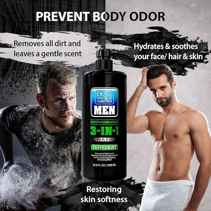 Dead Sea Collection Peppermint Men’s Body Wash – 3 in 1 Body Wash for Men for Hair Face &amp Body – Moisturizing Shower Gel with Dead Sea Minerals – Pack of 2 (33.8 fl oz each)