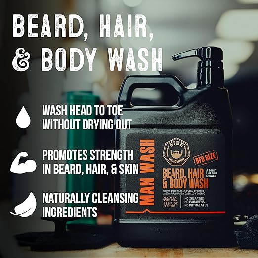 GIBS Grooming - Man Wash 3-in-1 Beard Hair Body Soap - Citrus Oak Basil Scent - Sulfate Free - Tea Tree Oil Hemp Oil Protein - Mens Body Wash &amp Mens Shampoo - Made in USA