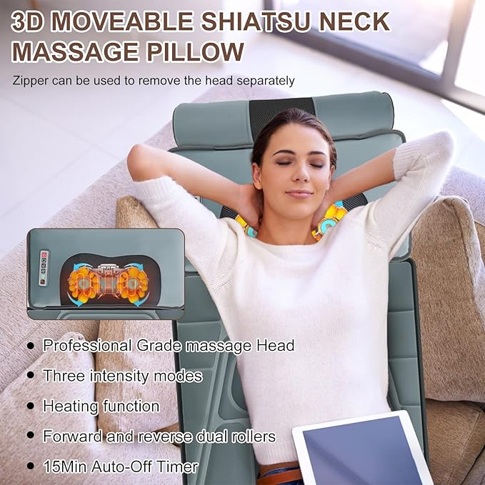 Full Body Massage Mat with Heat &amp Movable Shiatsu Neck Back Massager Pillow &amp Foot Massager Massage Mattress Pad with Top Pillow &amp Lumbar Support 12 Vibration Motors9 Massage Modes &amp