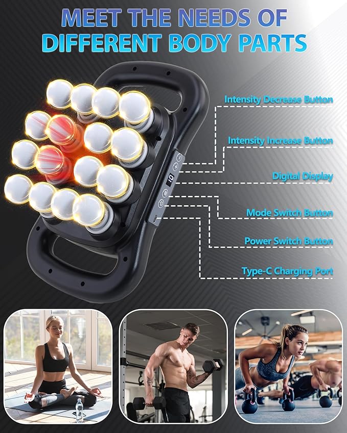 16-Head Massage Gun Deep Tissue Percussion Massager with 9 Modes &amp 9 Intensities 2600mAh Battery Back Massager for Pain Relief Deep Tissue for Muscle Pain Relief in Back Legs Shoulders