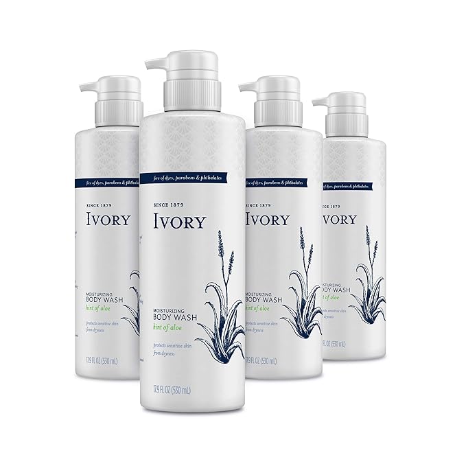 Ivory Sensitive Skin Moisturizing Body Wash Hint of Aloe 17.9 Fl Oz (Pack of 4)