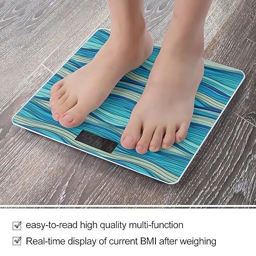 Ocean Stripe Pattern Digital Bathroom Scale for Body Weight with High Precision Digital Weighing Scale with BMI Clear LCD Display and Step-On Measures Weight Up to 180kg