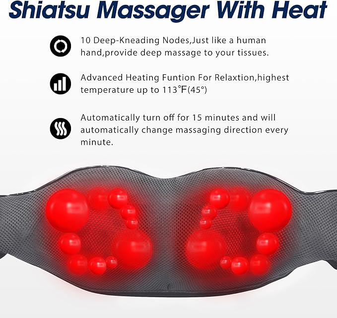 Grey Shiatsu Neck and Back Massager with Heat Electric Deep Tissue Kneading Neck and Shoulder Massage Best Gifts for Women Men Mom Dad Mothers Fathers Day Birthday Gift (NOT Cordless)