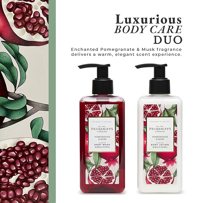 Pecksniff's Body Care Duo Tin Box – Enchanted Pomegranate &amp Musk 300ml Body Wash and 300ml Body Lotion Gift Set Luxury Skincare Collection with Reusable Tin Hydrating &amp Nourishing Daily Care