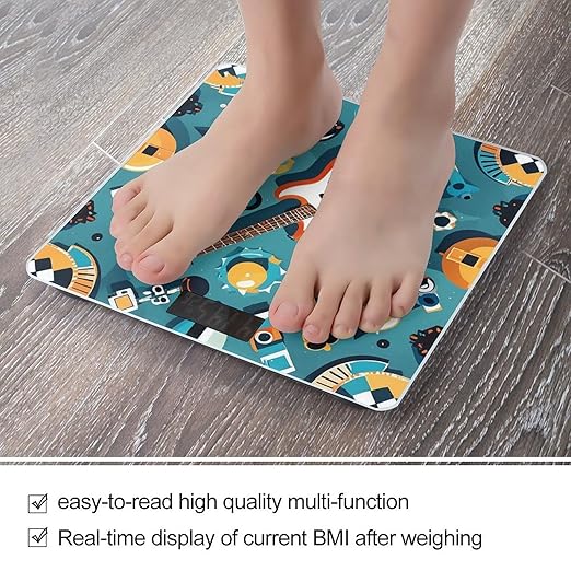Rock Instrumental Patterns Bathroom Scale for Body Weight Bathroom Weighing Scales with Back Lit LED Display Sturdy Tempered Glass Body Weight Bathroom Scale 400lb Weighing