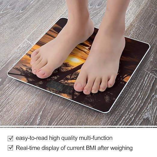 Seashore Trees Sunset Scale for Body Weight Highly Accurate Digital Bathroom Scale Sturdy Tempered Glass Weighing Scales with LCD Display Fashion Body Fat Smart Scales 400lb
