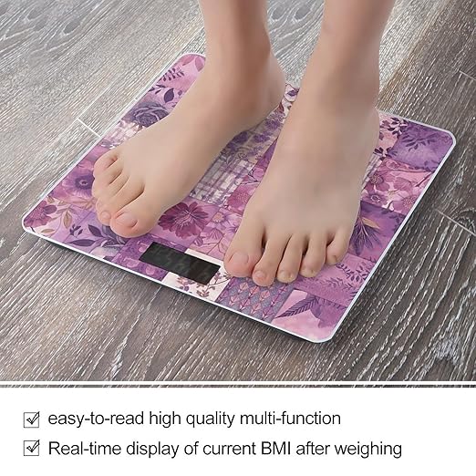 Purple Flowers Collage Scale for Body Weight Anti-Slip Digital Bathroom Scale Sturdy Toughened Glass Weighing Scales High Precision Safe Rounded Corners Smart Scales