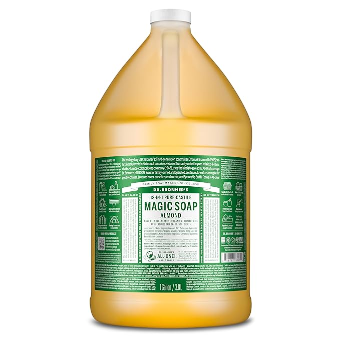 Dr. Bronner's Pure-Castile Magic Soap Liquid (Almond 1 Gallon) - Made with Regenerative Organic Certified Oils 18-in-1 Uses: Face Body Hair Laundry Pets and Dishes Concentrated Vegan Non-GMO