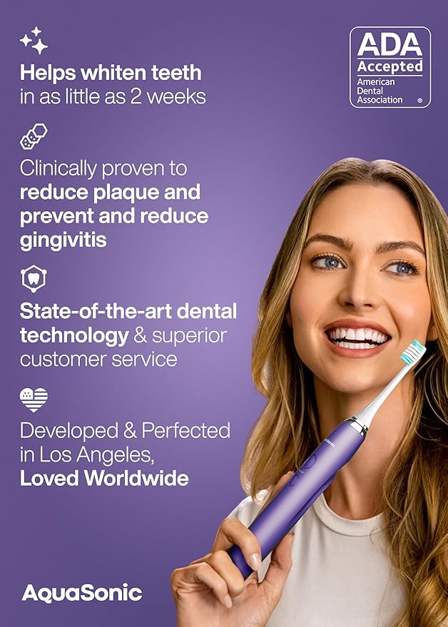 Aquasonic Vibe Series Ultra-Whitening Toothbrush – ADA Accepted Electric Toothbrush - 8 Brush Heads &amp Travel Case – 40000 VPM Motor &amp Wireless Charging - 4 Modes w Smart Timer – Satin Violet
