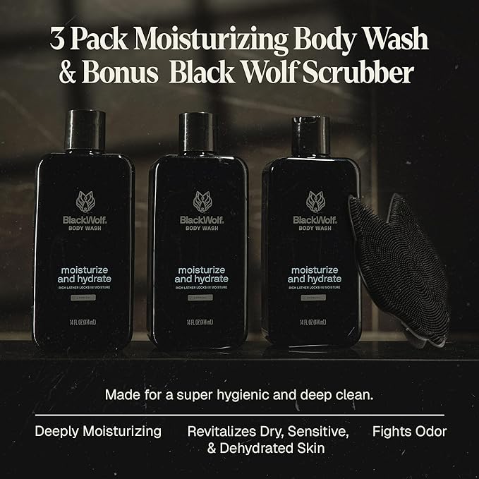 Black Wolf 3-Pack Moisturizing Body Wash &amp Silicone Body Scrubber Kit for Men - Mens Hydrating Bodywash for Dry Dehydrated &amp Sensitive Skin - Men's Shower &amp Bathroom Essentials Gift Set
